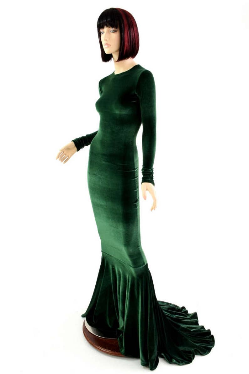 Bewitching Long, Forest Green Velvet Gown with Crew Neckline, Long Sleeves and Puddle Train 154345 image 1