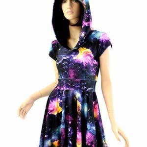 UV Glow Galaxy Print Hoodie Cap Sleeve Fit and Flare Skater Skate Dress w/Black Zen Hood Liner Rave Festival Clubwear - 154477