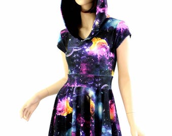 UV Glow Galaxy Print Hoodie Cap Sleeve Fit and Flare Skater Skate Dress w/Black Zen Hood Liner Rave Festival Clubwear - 154477