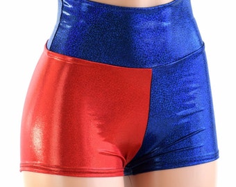 Red & Blue Metallic Harlequin High Waist Shorts  151582