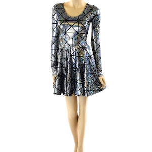Silver on Black Cracked Tiles Holographic Long  Sleeve Fit and Flare Skater Dress 151863