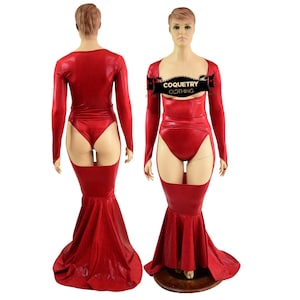 May include: A red, long-sleeved bodysuit with a high-cut leg design and a flared skirt. The garment is displayed on a mannequin. The text "COQUETRY CLOTHING" is visible on the front.