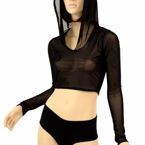 Long Sleeve Sheer Black Stretch Mesh Hoodie Crop Top Rave Clubwear Festival    150570