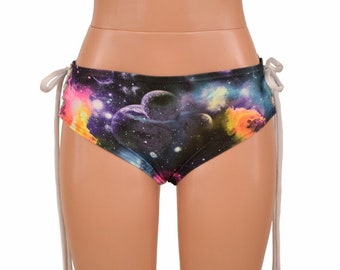 Lowrise Siren Lace Up Shorts in UV GLOW Galaxy with Flashbulb Holo Ties - 156759