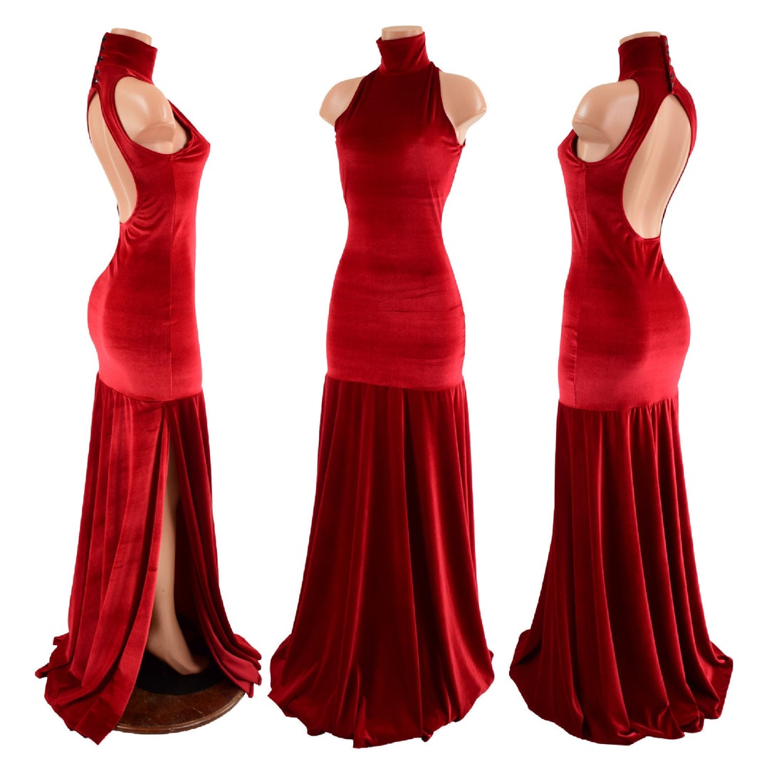 Red Velvet Backless Trumpet Gown With Snap Back Turtleneck and Cut Away  Shoulders Split to Upper Thigh on Right Side 157527 Australia