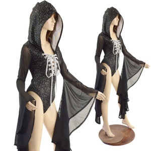 May include: Black hooded bodysuit with sheer, long sleeves and a lace-up front. The sleeves have a wide, flowing bell shape.