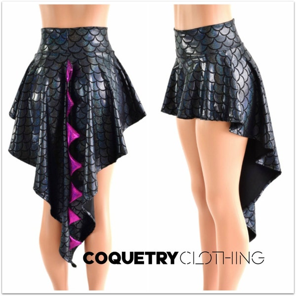 Holographic Dragon Tail Skirt in Black Dragon Scale with Fuchsia Sparkly Jewel Spikes & Hi Lo Hemline