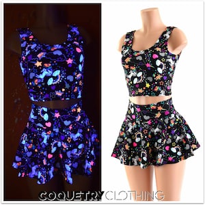 Neon UV Glow Unicorns and Rainbows Print  Crop Tank Top & 12" Rave Skirt Set 152425