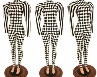 Black and White Diamond Print High Turtle Neck Back Zipper Catsuit with Black and White Stripe Puffed Victoria Sleeves