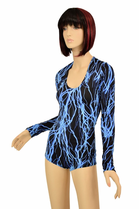 Blue Lightning Uv Glow Long Sleeve Romper Bodysuit Onsie No Etsy 日本