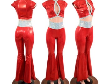Sally O'Malley Inspired Keyhole Top and Solar Flares Set in Red Sparkly Jewel, with White Kaleidoscope Trim and Waistband
