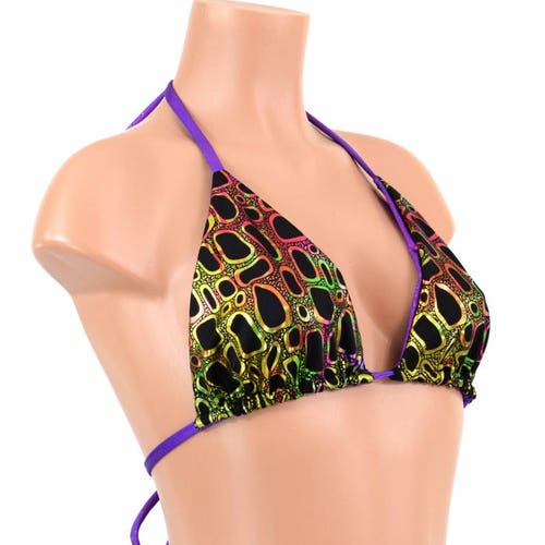 Reversible Triangle Slide Bikini Top in Grape Holographic & Poisonous Print w/Grape Holographic Ties- 154797