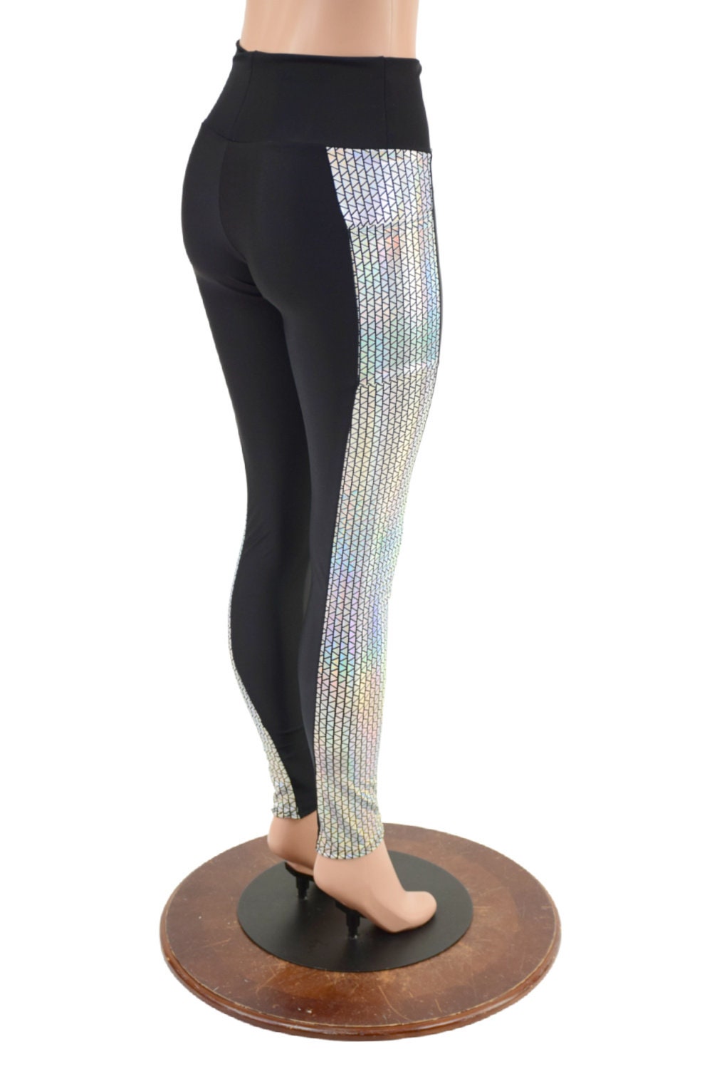 High Waist Smooth Black Spandex Leggings With Prism Holographic Side Panels  and Pockets 157441 