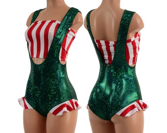 Green Kaleidoscope Suspender Romper with Red and White Stripe Hip Ruffles and Tube Top