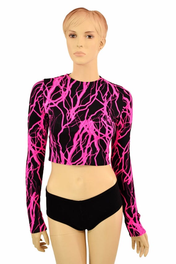Buy UV Glow Neon Pink Lightning Print Long Sleeve Crew Neck Crop