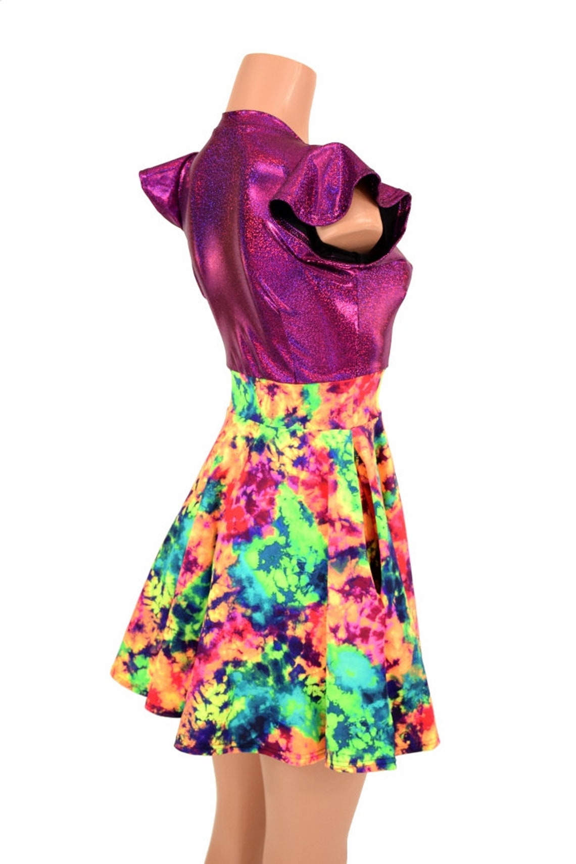 Acid Splash UV Glow Flip Sleeve V Neck Skater Dress With | Etsy