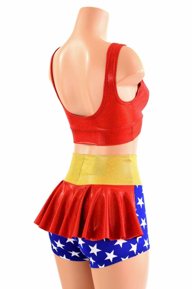 Red Sparkly Jewel Starlette Bralette & Blue/White Star High Waist Ruffle Rump Shorts w/Gold SJ Waistband and Red SJ Ruffle 2PC Set 154542 image 3