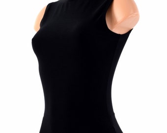 May include: A black sleeveless shirt with a mock neck. The shirt is fitted and has a smooth texture.