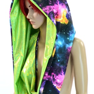 HUGE UV Glow Extra Long Galaxy & Neon Green Holographic Cowl Hoodie Festival Hood Reversible Hood   -