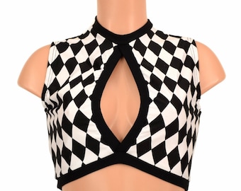 UV GLOW Black and White Diamond Print & Black Mystique Metallic Sleeveless Keyhole Crop Top