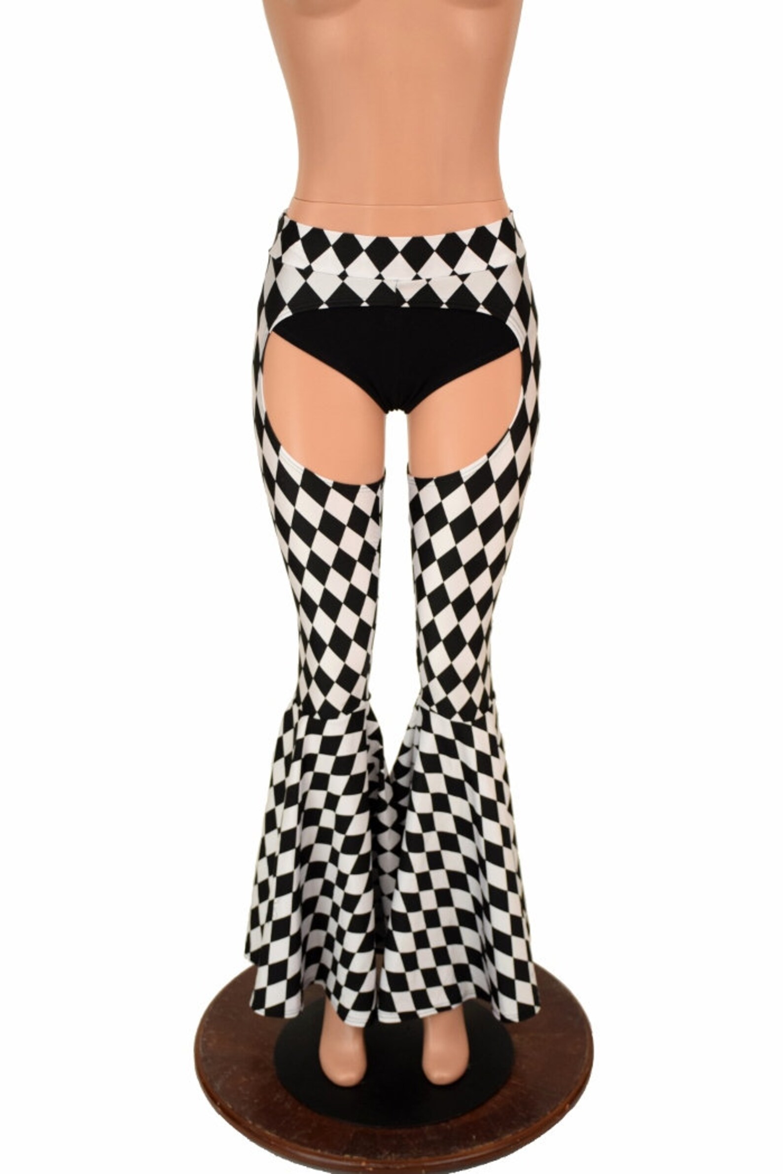 Mid Rise Bell Bottom Flare Chaps in Black & White Diamond Print UV GLOW ...