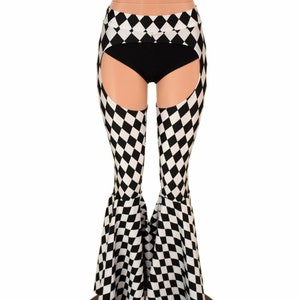 Mid Rise Bell Bottom Flare Chaps in Black & White Diamond Print UV GLOW ...