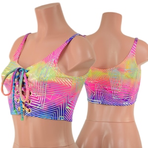 6&quot; Mini Lace Up Front Crop Tank in Spectrum Holographic with Spectrum laceup ties, and Skinny Straps 86017