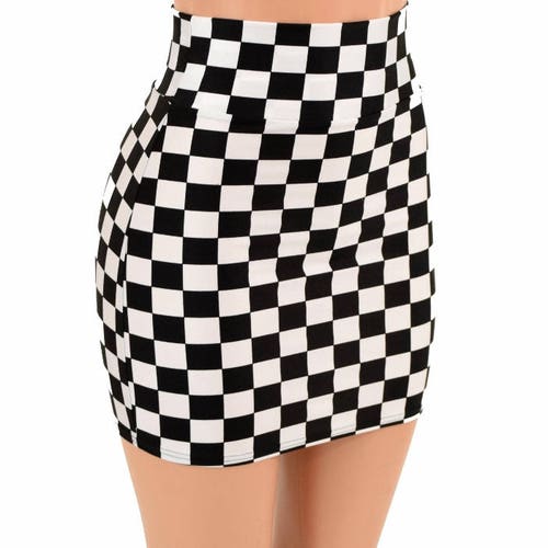 UV GLOW Black & White Checkered Print Suspender Bodycon Skirt - Etsy