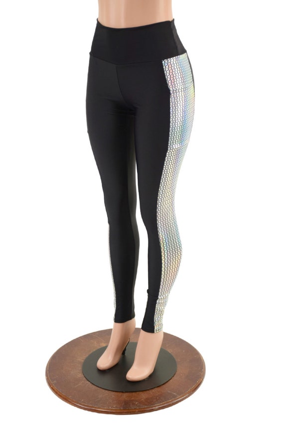 High Waist Smooth Black Spandex Leggings With Prism Holographic