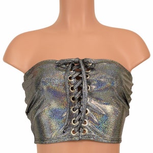 Silver Holographic Lace Up Strapless Style Crop Top  -  155771