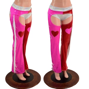Bootcut MIDrise Chaps with Applique Valentine Hearts in Red, Pink and White holographic (Shorts Sold Separately) EMK85840