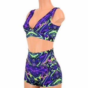 Neon Melt UV Glow Starlette Bralette & High Waist Shorts 2PC Set  - 155150