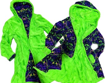 Reversible Minky A Line Coat in Neon UFO Minky and UV Glow Neon Melt Print