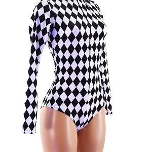 Siren Cut Stella Romper with short collar and zipper front in Black and White Diamond Spandex - 156873