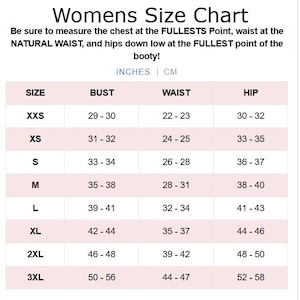 May include: A size chart titled Womens Size Chart with instructions to measure the chest, waist, and hips. The table lists sizes from XXS to 3XL with corresponding bust, waist, and hip measurements in inches and centimeters for garment sizing.