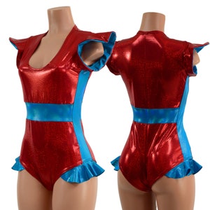 Red Sparkly Jewel Flip Sleeve &quot;Siren&quot; cut Romper // V Neck, Flip sleeve liner, side panels, waist panel, & Hip Ruffles in Peacock - 15810347