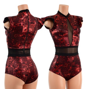 Primeval Red siren romper with Inset keyhole neckline and mesh waist panel / Flip sleeves and back zipper// All trim in black mesh - 158077