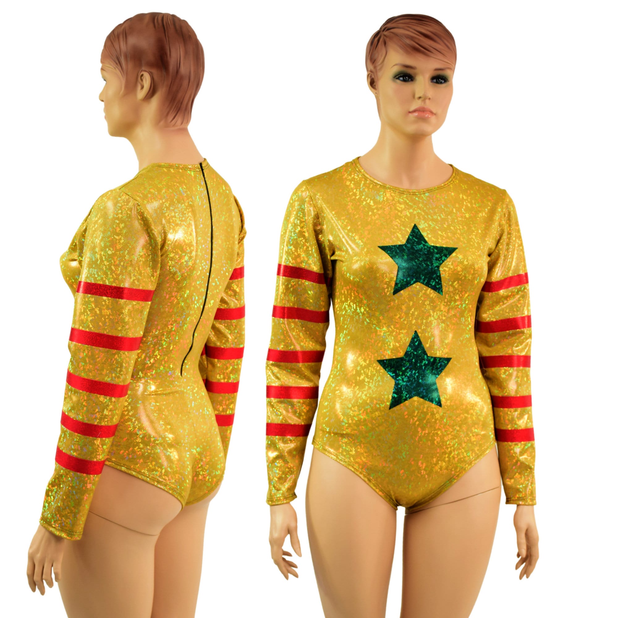 Gold, Red & Green Clown Romper With Crew Neck Siren Cut Leg. Duster Sleeves Back Zipper. Emk
