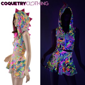 2PC UV GLOW Neon Flux Sleeveless Zipper Front Dragon Hoodie Crop Top w/ Pink SJ Hood Liner and Spikes & Neon Flux Mini Rave Skirt 156876