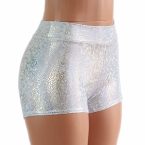 Midrise Silver on White Shattered Glass Holographic Metallic Spandex Shorts  Festival Rave Clubwear 154520