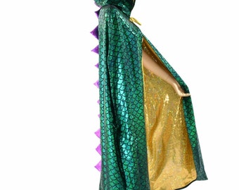 50" or 60" Long Full Length Mardi Gras Green Dragon Hooded Cape with Gold Kaleidoscope Lining & Purple Fish Scale Spikes 152118