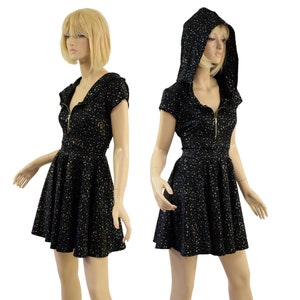 Sparkling Star Noir Hooded Skater Dress with Silver Front Zipper, Cap Sleeves and Self Lined Hood 15810091