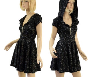 Sparkling Star Noir Hooded Skater Dress with Silver Front Zipper, Cap Sleeves and Self Lined Hood 15810091