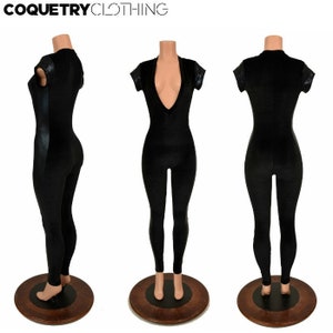 Black Velvet Deep Plunging V Catsuit with Black Mystique Cap Sleeves and Side Panels - 155623
