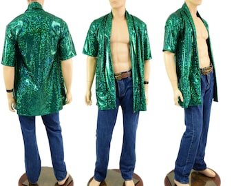Mens Open Front Nomad Shirt in Green Kaleidoscope Holographic