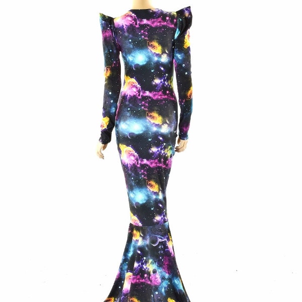 Miss Universe Puddle Train UV Glow Galaxy Gown with Long Sharp Shoulder Sleeves & Scoop Neckline 152256