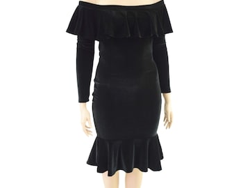 Black Velvet Off Shoulder Ruffled Wiggle Dress with ruffled shoulders and hemline 157369