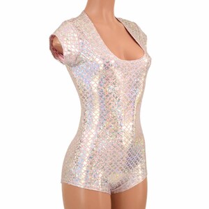 Pink & Silver Mermaid Scale Cap Sleeve Romper with Scoop Neck and Boy Cut Leg - 155126