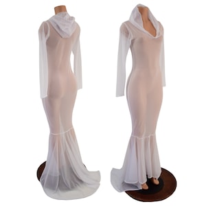 May include: A white sheer maxi dress with a long sleeve and a hood. The dress has a mermaid style skirt.