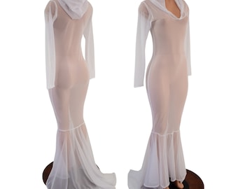 Sheer White Mesh See Through Hooded  Gown  with Long Sleeves and Puddle Train -
